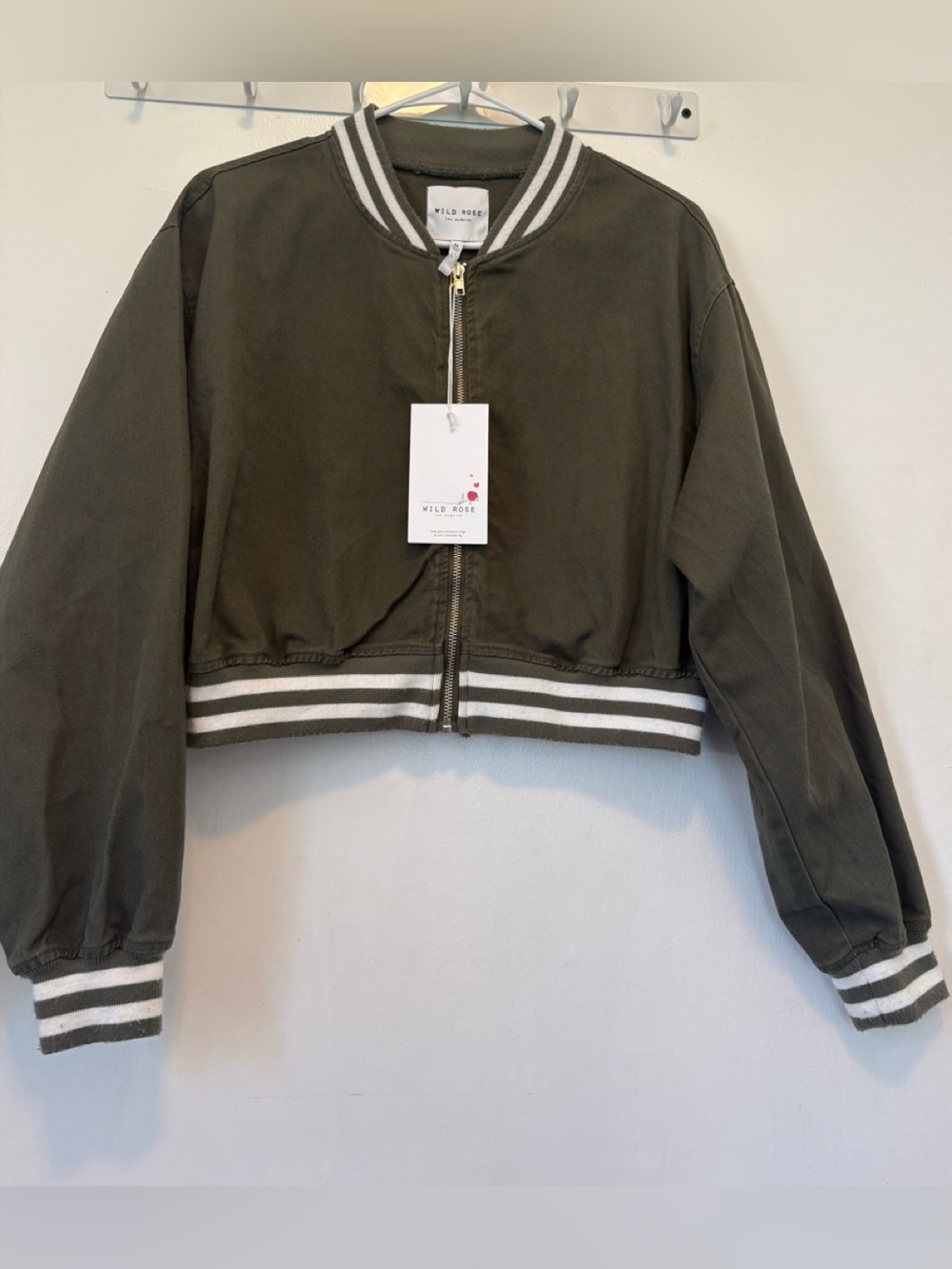 Wild Rose Olive Green Cropped Jacket with White Stripe Trim